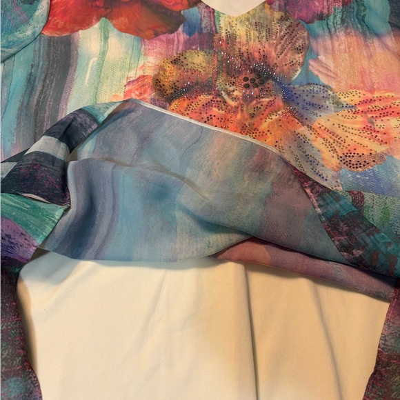 Christopher & Banks Floral V-neck Blouse Sheer Rhinestones Watercolor XL Lined - Picture 5 of 10